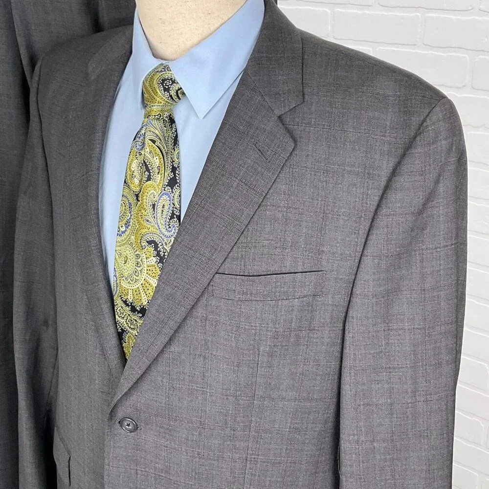 Calvin Klein‎ Suit Men 44 38Wx32L Gray Blue Plaid Wool Union Canada